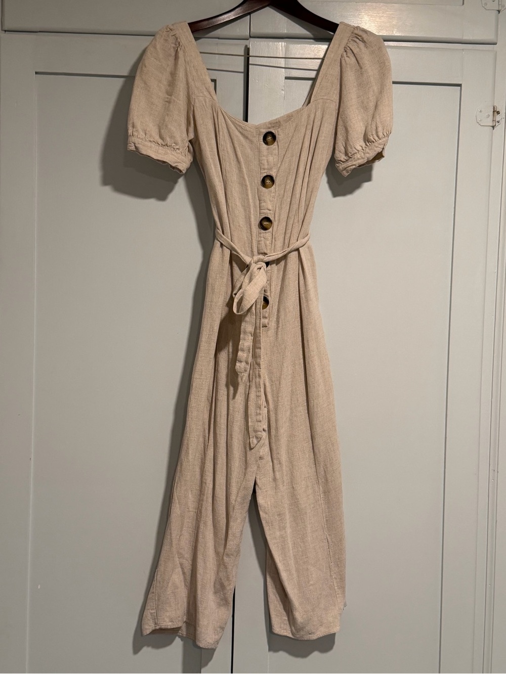 ASOS Neutral Beige Button-Front Linen-Blend Jumpsuit with Tie